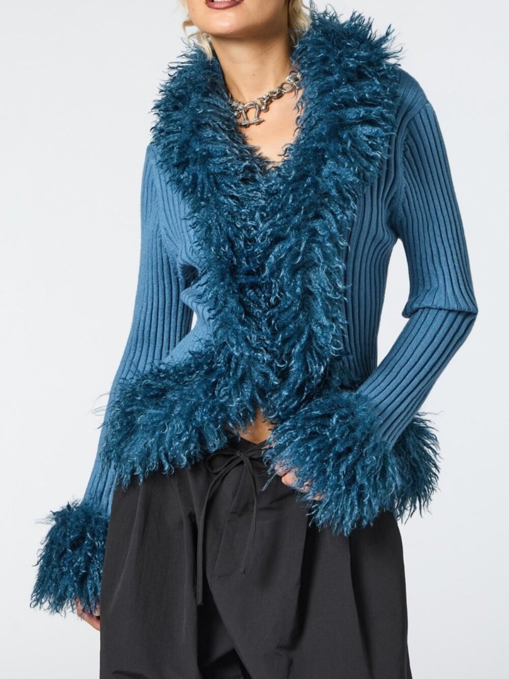 Blue Casual Women's Rib-Knit Feather Trim Top